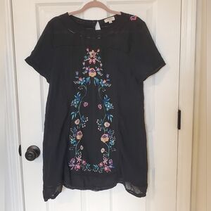 Umgee Black Dress with Colorful Floral Embroidery Bohemian Festival L